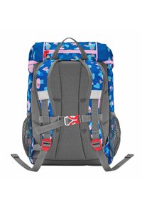 Children's blue backpack with a heart pattern in shades of pink and light blue; features gray padded straps and mesh side pockets.