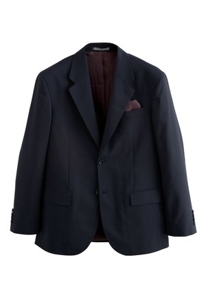 Blazer bleu marine foncé à simple boutonnage avec deux boutons, revers crantés, poches avant à rabat et doublure intérieure bordeaux avec pochette assortie.