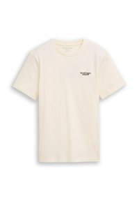 Cremfarbener Baumwoll-T-Shirt mit kurzen Ärmeln und Rundhalsausschnitt. Mit schwarzem Text "Die besten Dinge passieren unerwartet" auf der linken Brust.