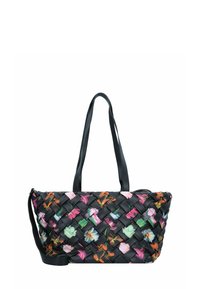 Borsa tote intrecciata con motivi floreali in rosa, verde e arancione su sfondo nero; presenta lunghe cinghie nere e un design strutturato.