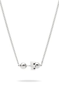 Sølv halskæde med kædedesign, runde perler og en rektangulær accent, alt sammen poleret for en glat tekstur og reflekterende kvalitet.