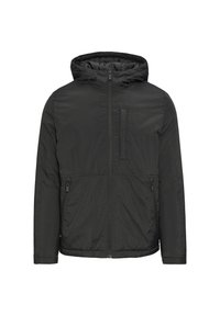 Zwarte lichtgewicht jack met een capuchon, ritssluiting en één borstzak. Heeft een textuurstof en elastische manchetten voor een aansluitende look.