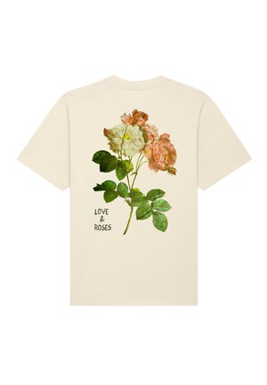Cream-colored t-shirt featuring a floral design with pink and white roses, green leaves, and the text "LOVE & ROSES" in black.
