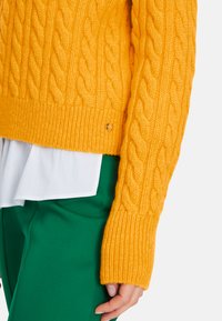 Helle gelbe Kabelstrickpullover mit gerippten Bündchen, über einem weißen Hemd getragen und mit grünen Hosen kombiniert. Enthält ein kleines Logodetail.