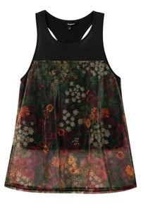 Mustat hihattomat toppi, jossa on läpinäkyvä kukkakuosi, jossa sekoitus värikkäitä kukkia tummalla taustalla. Koko: M.