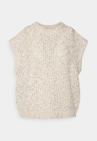 Veste en maille beige clair, avec manches courtes, encolure arrondie et motif texturé avec un ourlet côtelé.