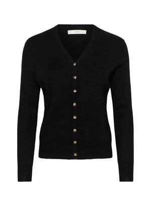 Cardigan nero a coste con maniche lunghe, scollo a V e bottoni dorati lungo la parte frontale, caratterizzato da una vestibilità aderente e un tessuto testurizzato.