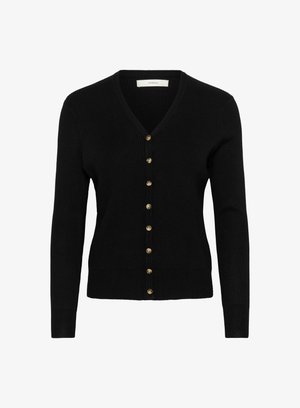 Cardigan nero a coste con maniche lunghe, scollo a V e bottoni dorati lungo la parte frontale, caratterizzato da una vestibilità aderente e un tessuto testurizzato.