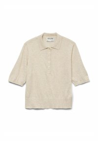 Beige Poloshirt mit kurzen Ärmeln aus weichem Stoff, mit einer Knopfleiste, geripptem Kragen und Saum sowie einem leicht lockeren Schnitt.