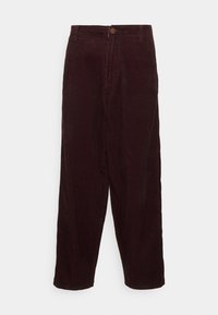 Burgundské manšestrové kalhoty s volným střihem, se svislým ribkovaným纹em, zapínáním na knoflík a designem s pěti kapsami.