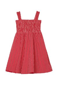 Rot-weiß gestreiftes Kleid mit gesmocktem Oberteil, dünnen Schulterträgern und einem ausgestellten Rock. Der Saum ist mit einem kleinen Rüschensaum verziert.