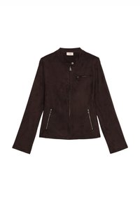 Veste en daim synthétique marron avec un col rond, fermeture éclair à l'avant et deux poches latérales zippées. Texture lisse et design cintré.