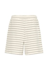 Shorts beige avec fines rayures horizontales grises et une ceinture élastique, présentés sur un fond blanc.