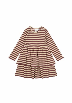 Langärmliges Kleid mit horizontalen Streifen in Bordeaux und Creme. Verfügt über einen gestuften Rüschensaum und Knopfdetails am Kragen.