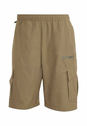 Pantalones cortos cargo de color marrón claro con cinturilla elástica, bolsillos laterales y el logo "TERREX" en el muslo derecho.