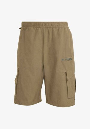 Pantalones cortos cargo de color marrón claro con cinturilla elástica, bolsillos laterales y el logo "TERREX" en el muslo derecho.