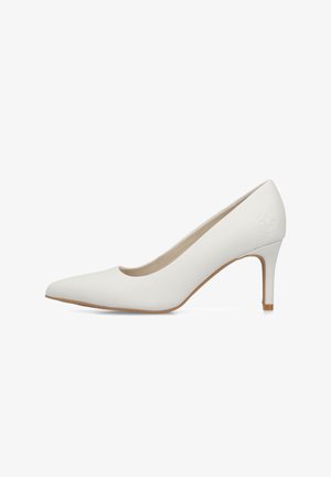 Chaussure à talon haut pointu pour femme blanche avec talon fin et surface supérieure lisse sur fond blanc.