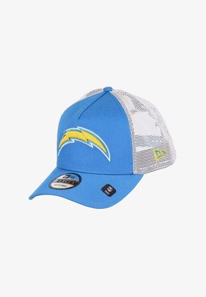 Blaues Cap mit weißem Netzrücken, ausgestattet mit einem gestickten gelben Blitzlogo auf der Vorderseite. Verstellbare Größe mit einer geschwungenen Schirmform.