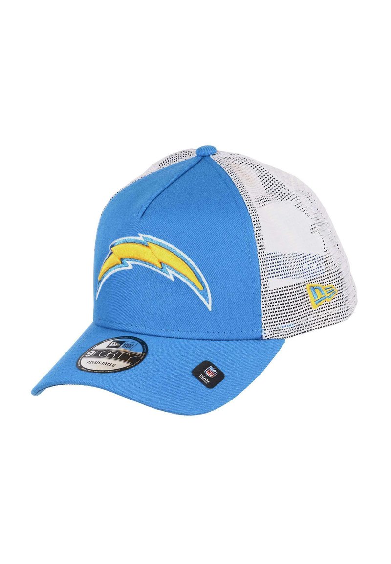Blue cap with mesh white back, featuring an embroidered yellow lightning bolt logo on the front. Adjustable size with a curved brim design.