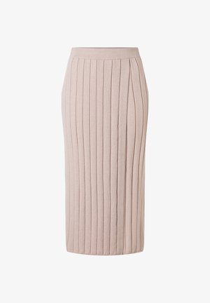 Beżowa, prążkowana spódnica o długości do kolan z dopasowanym pasem i pionowymi, teksturowanymi paskami na całej długości spódnicy.