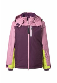 Wasserdichte Jacke in Lila und Pink mit gelben Akzenten. Verfügt über einen Reißverschluss vorne, eine verstellbare Kapuze und elastische Bündchen. Glatte Stoffstruktur.