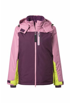Wasserdichte Jacke in Lila und Pink mit gelben Akzenten. Verfügt über einen Reißverschluss vorne, eine verstellbare Kapuze und elastische Bündchen. Glatte Stoffstruktur.
