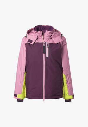 Wasserdichte Jacke in Lila und Pink mit gelben Akzenten. Verfügt über einen Reißverschluss vorne, eine verstellbare Kapuze und elastische Bündchen. Glatte Stoffstruktur.