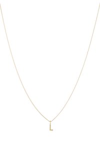 Goldfarbene Halskette mit einer dünnen Kette und einem Anhänger in blockförmigem „L“. Einfaches Design mit glatter Textur und polierter Oberfläche.