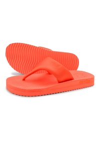 Bright orange flip-flops featuring a smooth strap, textured footbed with ribbing, and a non-slip rubber sole. Includes logo detail on the side.