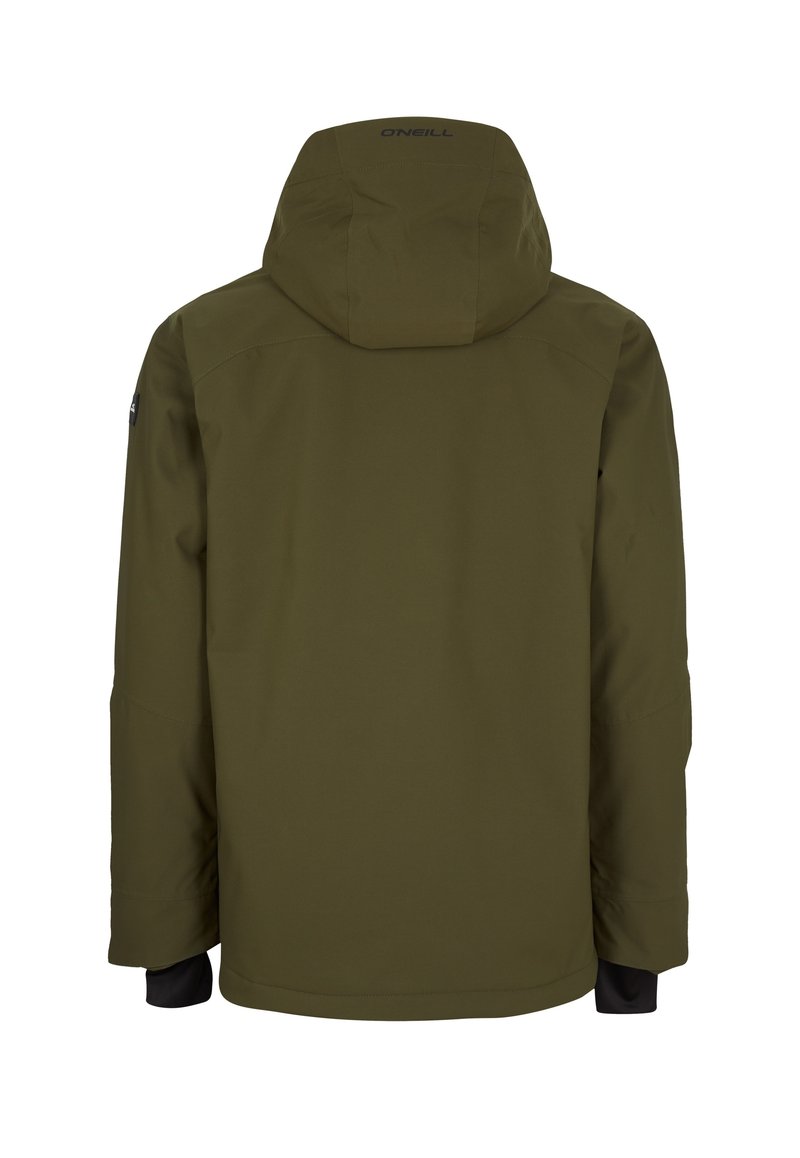 Olivgrüne Kapuzenjacke mit schwarzen Bündchen, sichtbaren Rückennähten und "O'Neill"-Logo auf der Kapuze.