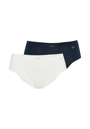 Zwei nahtlose Hipster-Slips für Frauen in Schwarz und Weiß, jeweils mit kleinem goldenem Logo und Blumenemblem vorne links.