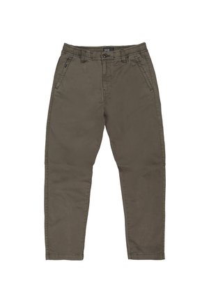 Khaki-Chinos mit einem elastischen Bund, Seitentaschen und schmal zulaufenden Beinen. Hergestellt aus einem Baumwollmischgewebe mit glatter Textur.