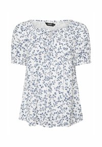 Blusa bianca floreale con maniche corte a palloncino, caratterizzata da motivi floreali blu e un colletto arricciato per una vestibilità ampia. Tessuto leggero.