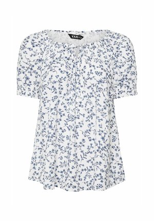 White floral blouse with short puff sleeves, featuring blue flower patterns and a gathered neckline for a loose fit. Lightweight fabric.