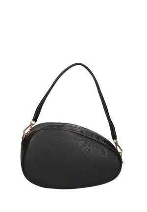 Borsa a tracolla in pelle nera con una forma ovale e arrotondata, dotata di un manico singolo e ferramenta dorata, esterno testurizzato con chiusura a cerniera.