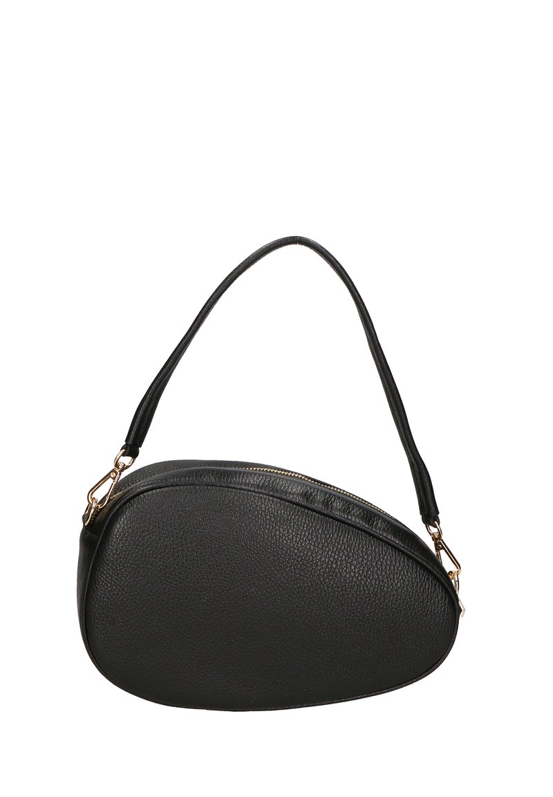 Borsa a tracolla in pelle nera con una forma ovale e arrotondata, dotata di un manico singolo e ferramenta dorata, esterno testurizzato con chiusura a cerniera.