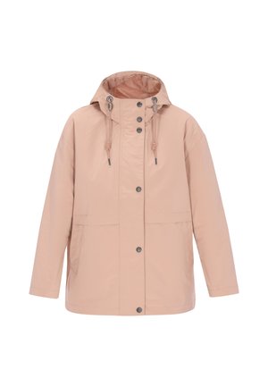 Giacca impermeabile rosa chiaro con cappuccio, dotata di bottoni a pressione, coulisse e due tasche frontali. Texture liscia con una vestibilità comoda.