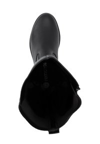 Zwarte leren enkelboot met een ronde neus, een zachte textuur, elastische zijpanelen en een zachte, contrasterende binnenvoering.