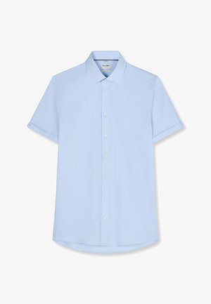 Hellblaues Kurzarmhemd mit Knöpfen, klassischem Kragen, schlankem Schnitt und dezent strukturiertem Stoff.