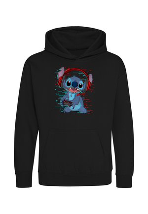Black hoodie featuring a blue cartoon character wearing red headphones and holding a game controller with a glitch effect background.