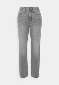 Jean en denim gris taille haute à coupe droite, fermeture par bouton et zip à l'avant, passants pour ceinture et poches avant.