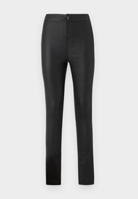 Czarne, dopasowane spodnie wykonane z błyszczącego, elastycznego materiału. Zapięcie na guzik oraz lekka konstrukcja z gładką fakturą.