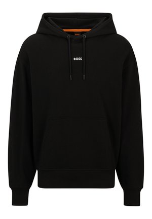 Black hoodie featuring a front pocket, drawstring hood, and white "BOSS" logo on the chest. Smooth fabric and ribbed hems.