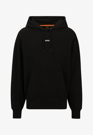 Black hoodie featuring a front pocket, drawstring hood, and white "BOSS" logo on the chest. Smooth fabric and ribbed hems.