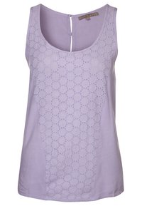 Lavender sleeveless top with a textured circular pattern on the front, smooth fabric, and a keyhole opening at the back.