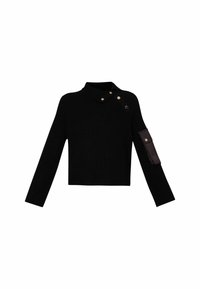 Maglione nero lavorato a maglia con colletto, caratterizzato da bottoni a pressione dorati e una tasca laterale in tessuto nero. Maniche lunghe con texture a coste.