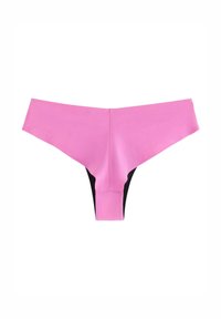 Rosa bikiniunderdel med en svart sidopanel, tillverkad av slät tyg, med låg midjehöjd och rena sömmar.