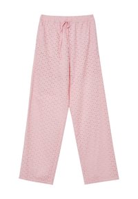 Pantaloni lounge in cotone rosa con vita elastica e cordoncino, caratterizzati da un motivo testurizzato con piccoli fori ritagliati su tutta la superficie.