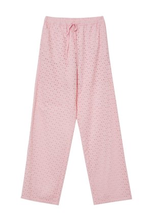Pantaloni lounge in cotone rosa con vita elastica e cordoncino, caratterizzati da un motivo testurizzato con piccoli fori ritagliati su tutta la superficie.