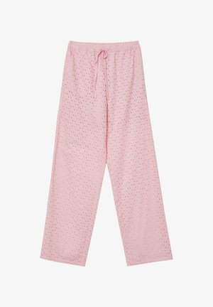Rosa Baumwoll-Loungehosen mit elastischem Bund und Kordelzug, die ein strukturiertes Muster aus kleinen Ausstanzungen aufweisen.